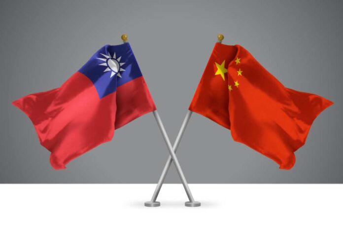 Two,Wavy,Crossed,Flags,Of,China,And,Taiwan,,Sign,Of