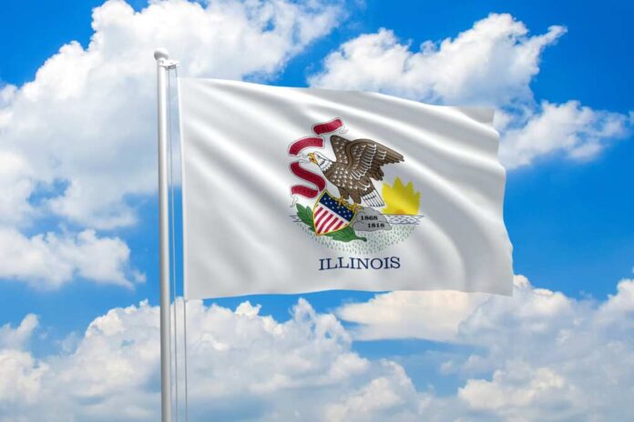 Illinois,Flag,Waving,In,The,Wind,On,Clouds,Sky.,High