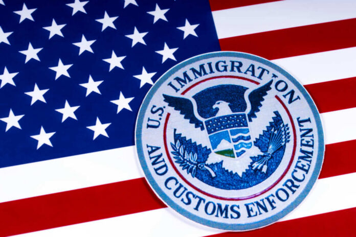 U.S. Immigration and Customs Enforcement badge on an American flag background