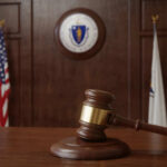 A wooden gavel resting on a table in a courtroom with flags in the background