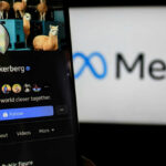Close-up of a social media profile on a mobile device featuring a smiling individual and a Meta logo in the background
