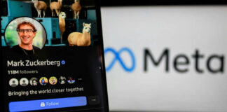 Close-up of a social media profile on a mobile device featuring a smiling individual and a Meta logo in the background