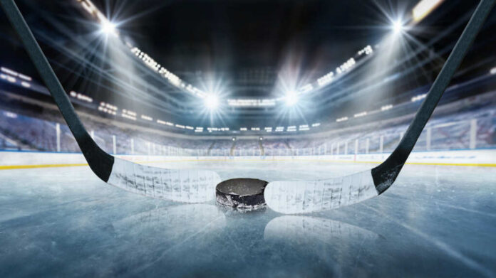 Close-up of a hockey puck on the ice with a hockey stick in the foreground