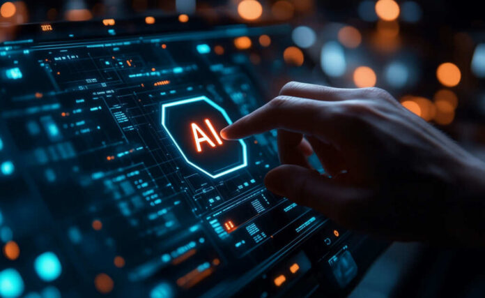 A hand interacting with a digital interface displaying AI in bright letters