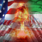 A composite image featuring the US and Iranian flags with a nuclear explosion and missiles