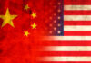 Flags of China and the USA blended together with a textured background