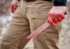 A person holding a bloody knife in an outdoor setting
