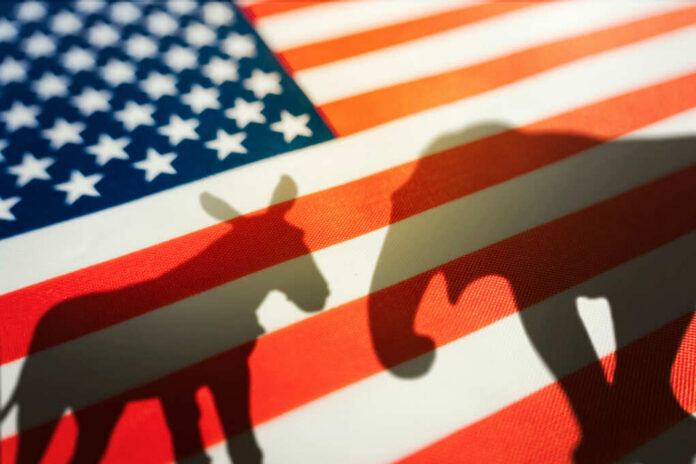 Shadows of a donkey and elephant on an American flag