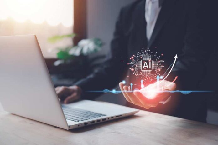 A business professional interacting with a digital representation of AI technology