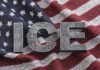 Letters 'ICE' placed on a background of an American flag