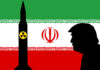 Silhouette of a man against the backdrop of the Iranian flag and a missile symbol