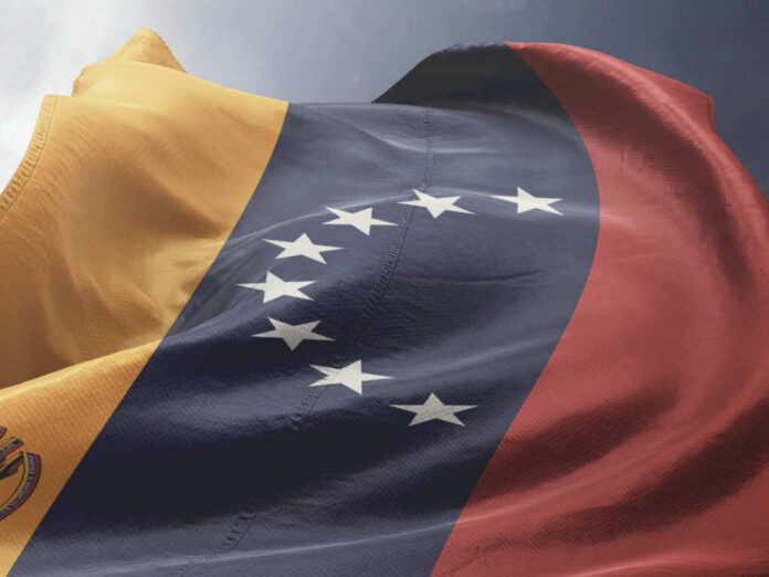 Close-up of the Venezuelan flag waving in the wind