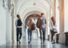 Group of students walking together in a university hallway