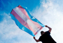 Person holding a transgender pride flag against a blue sky