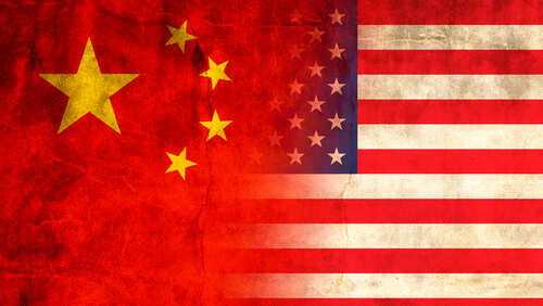 Flags of China and the USA blended together with a textured background
