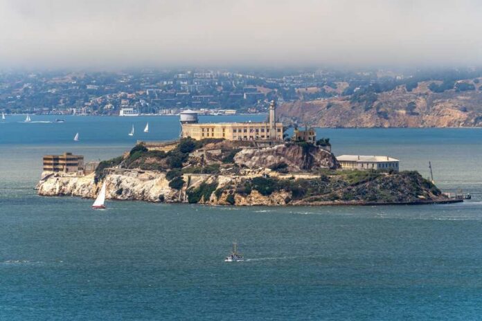 View of Alcatraz Island with sailboats in the foreground