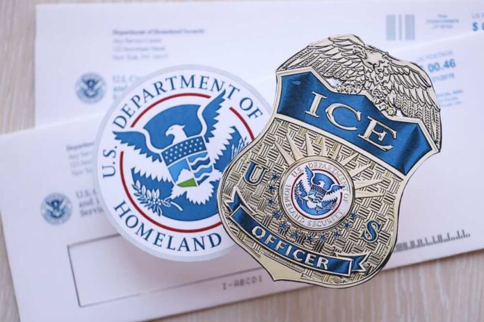 ICE badge and U.S. Department of Homeland Security emblem on official documents