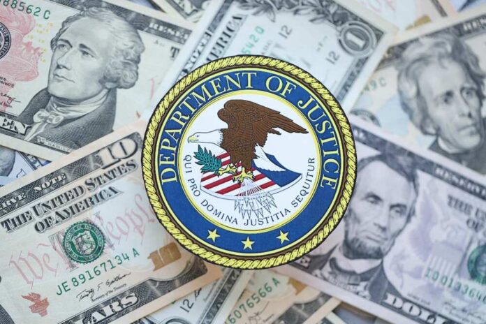 Department of Justice emblem on a background of US dollar bills