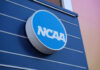 NCAA logo displayed on a blue wall