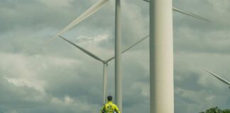 A worker in a yellow jacket walking among wind turbines