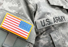 Close-up of a U.S. Army uniform with an American flag patch