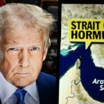 A political figure next to a map highlighting the Strait of Hormuz