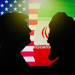 Silhouettes of two figures against the backgrounds of the American and Iranian flags