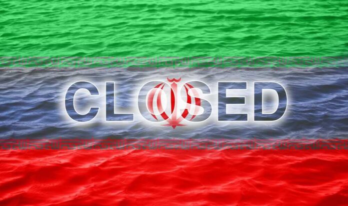 Graphic representation of the word 'CLOSED' overlaid on the Iranian flag with a water background