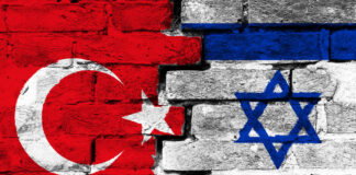 Turkey and Israel flags painted on a brick wall
