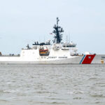 U.S. Coast Guard patrol vessel navigating through the ocean