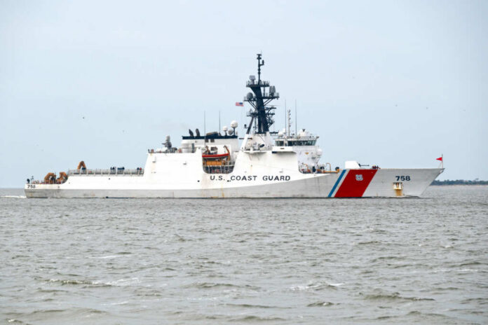 U.S. Coast Guard patrol vessel navigating through the ocean