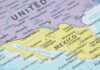Map showing the border between the United States and Mexico with location pins