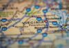 Close-up of a map highlighting Virginia and its cities