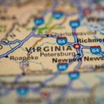 Close-up of a map highlighting Virginia and its cities