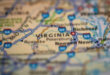 Close-up of a map highlighting Virginia and its cities
