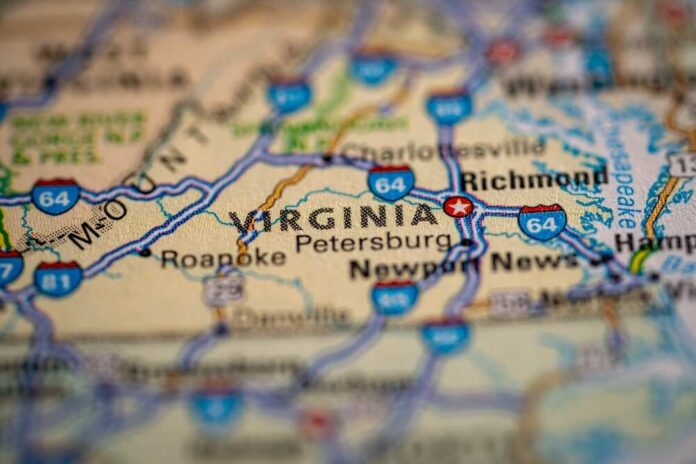 Close-up of a map highlighting Virginia and its cities