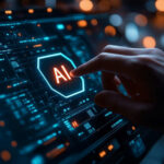 A hand interacting with a digital interface displaying AI in bright letters