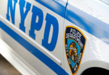 Close-up of a New York Police Department vehicle showcasing the badge and blue stripes