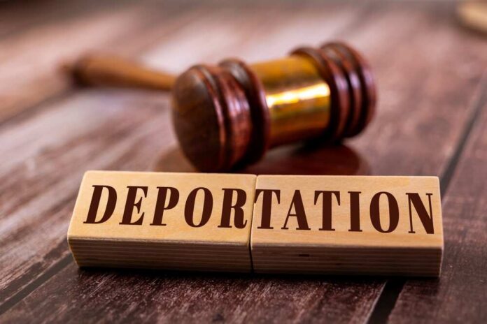 A,Wooden,Gavel,Rests,On,A,Wooden,Table,,Symbolizing,The Wooden blocks spelling 'DEPORTATION' next to a gavel