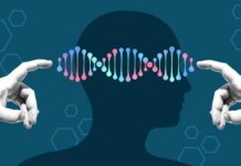 Illustration of a human head with DNA strands and hands reaching towards it