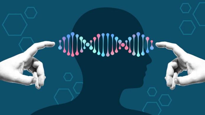 Illustration of a human head with DNA strands and hands reaching towards it