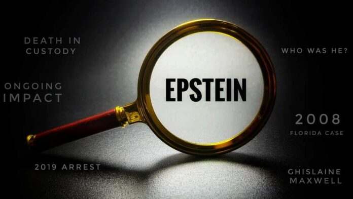 Epstein,Name,Seen,Through,Magnifying,Glass,,Investigative,Legal,Case,Concept Magnifying glass focusing on the word 'EPSTEIN' with related text around it
