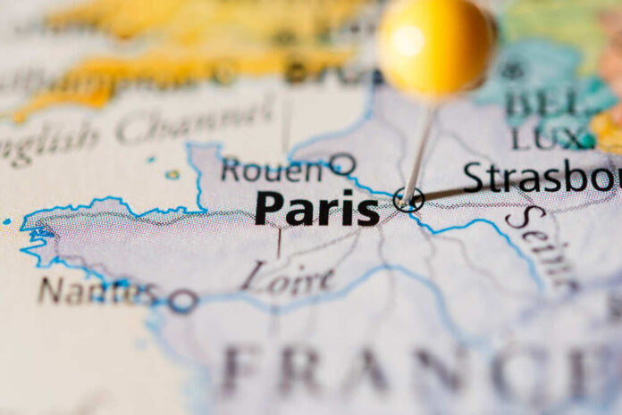 Paris,,France. Close-up of a map highlighting Paris with a location pin