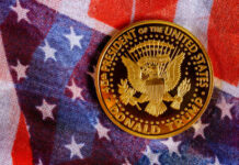 Coin Loophole? Trump Dollar Sparks Fury A commemorative coin featuring the presidential seal and the name Donald Trump on an American flag background