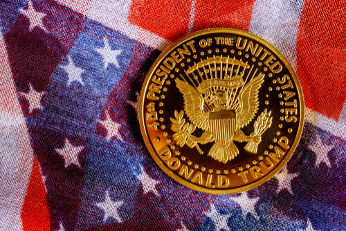 New,York,Ny,Nov,12,2019:,Presiden,Donald,Trump,Coin A commemorative coin featuring the presidential seal and the name Donald Trump on an American flag background