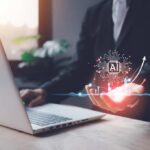 A business professional interacting with a digital representation of AI technology