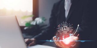 A business professional interacting with a digital representation of AI technology