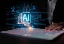 Music Bosses Tighten Grip on AI A hand interacting with a digital interface displaying AI technology