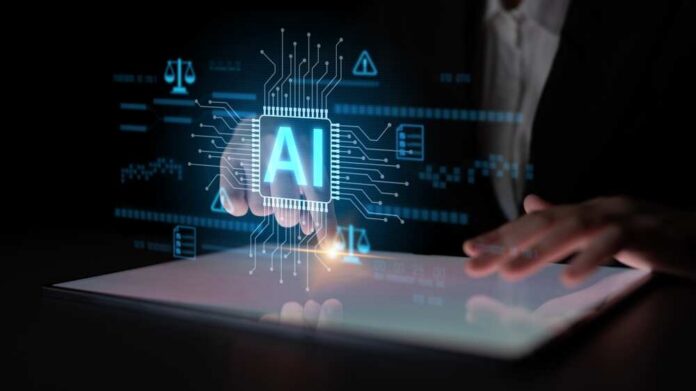 Ai,Circuit,Microchip,With,Glowing,Blue,Lines,,Surrounded,By,Legal A hand interacting with a digital interface displaying AI technology