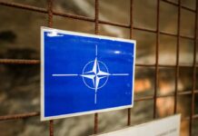 NATO emblem on a blue sign attached to a rusty wire fence